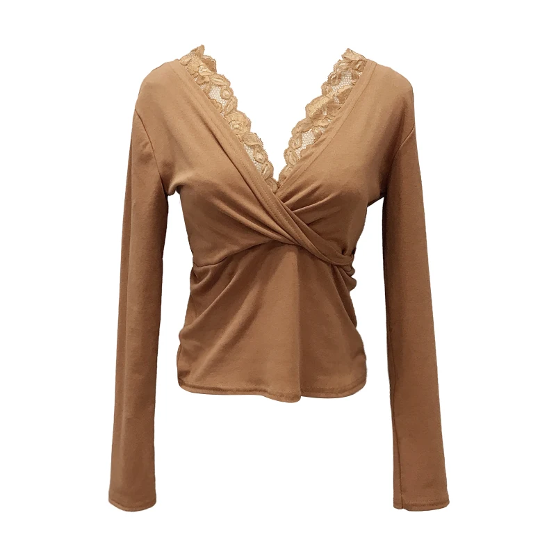 ALPHALMODA 2019 зима новая Корейская Сексуальная кружевная тонкая футболка с v-образным