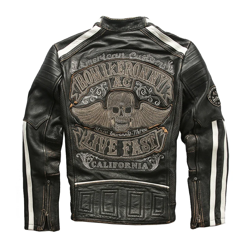 

2021 Fashion Punk Style Vintgae Motorcycle Men Cowskin Genuine Leather Jacket Black Slim Skulls Embroidery Biker Coat