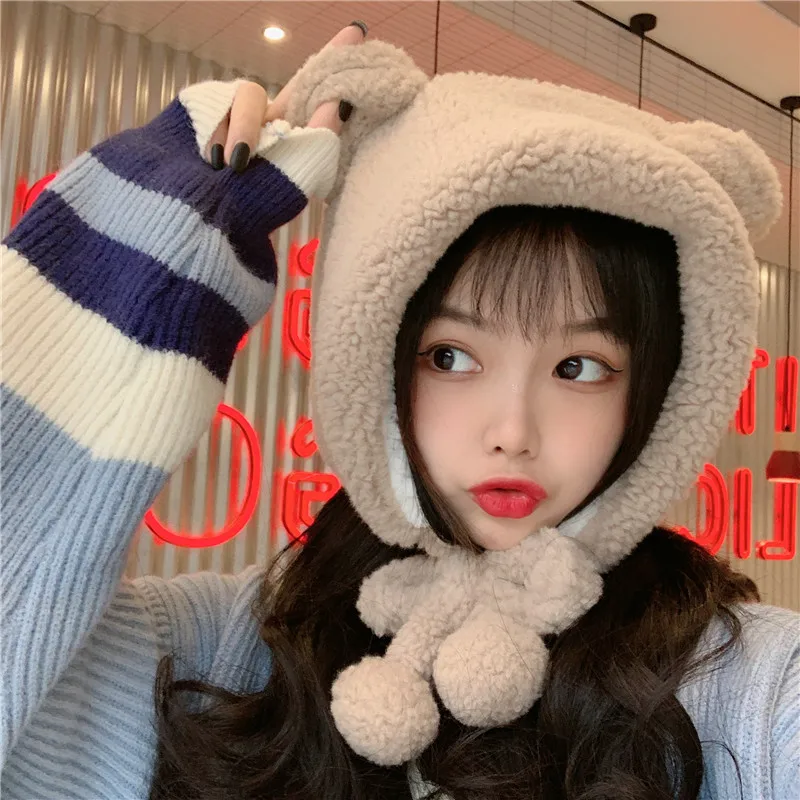 

Korean Style Autumn and Winter New Bear Cap with Ears Female Lovely Soft Cute Cartoon Plush Warm Ear Protection Double Fur Ball