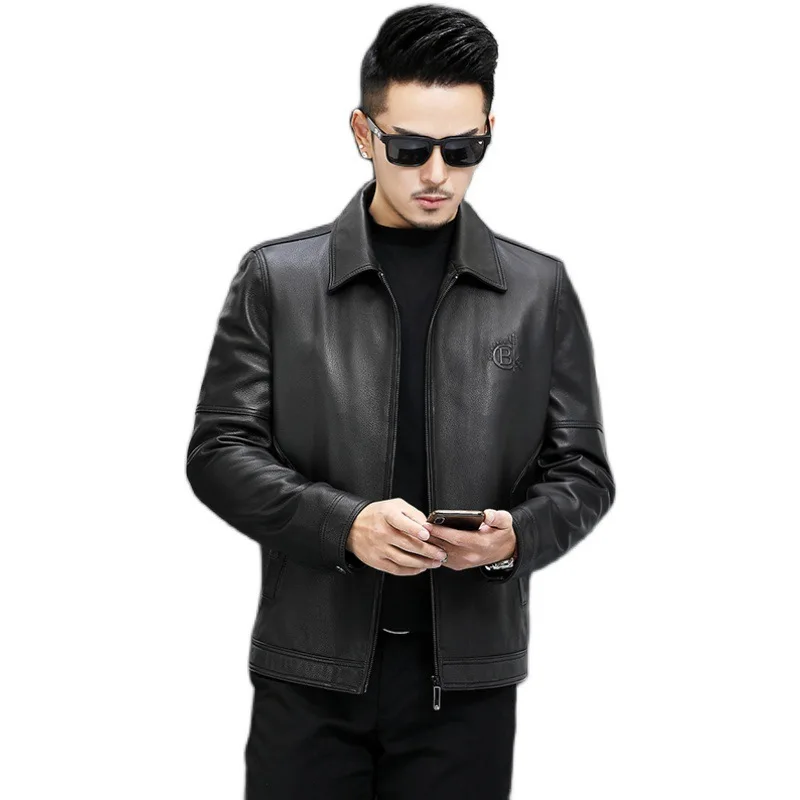 

sheep leather skin garment leather jacket lapel cultivate morality leisure jacket zipper leather middle-aged father