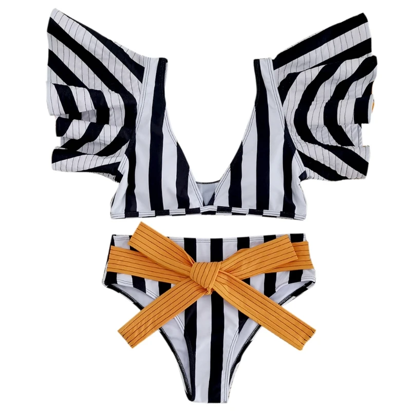 

Женские пикантные комплект из 2 предметов; Купальник-бикини набор с гофрированными рукавами, v-образный вырез, в полоску, Цельный купальник с...