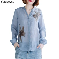 2021 autumn new womens printed shirt loose and thin comfortable cotton hemp casual blouse female tees and tops yalabovso