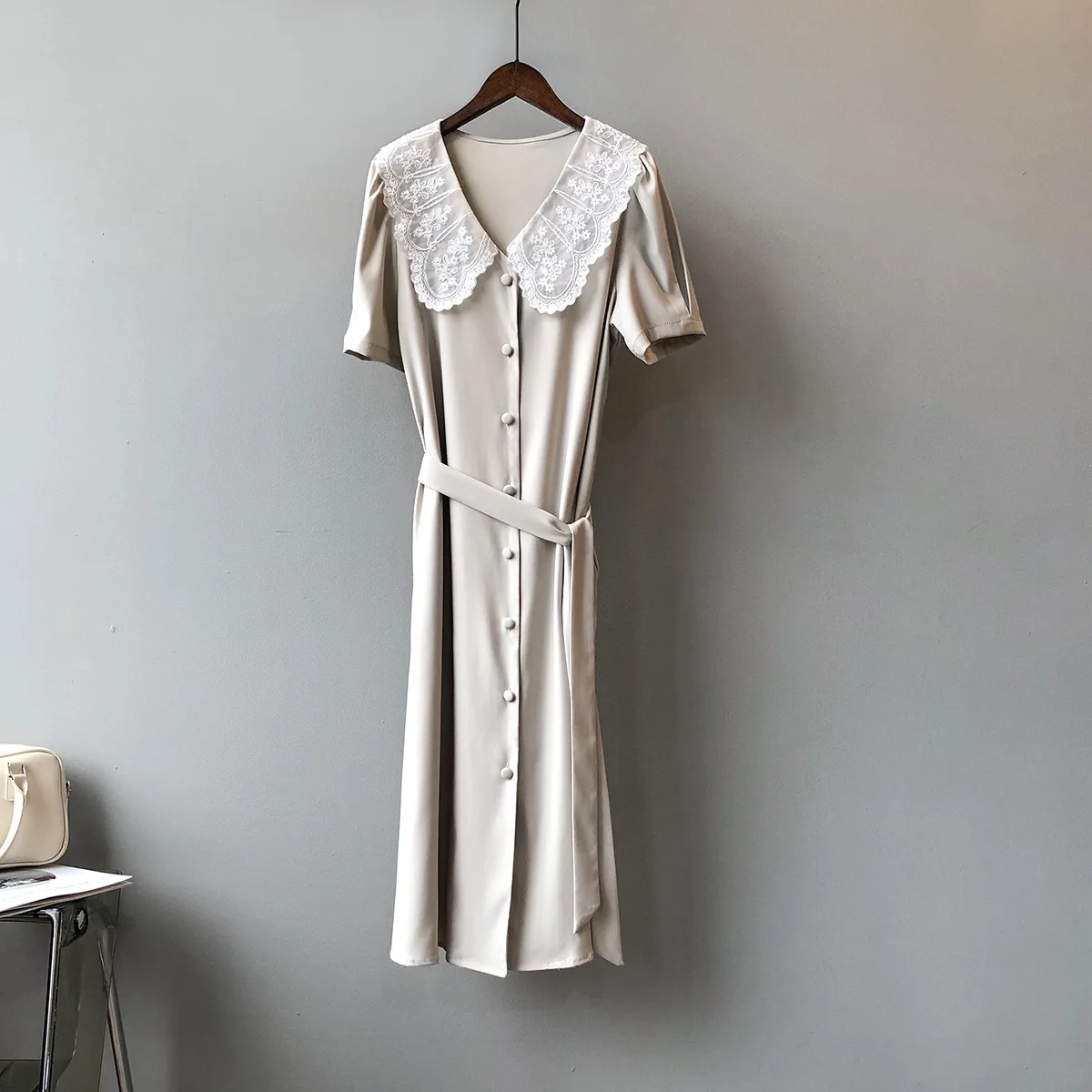 

Double Bubble Sleeve Dress Women's 2021 Summer New French Sweet Doll Collar Mid Length Skirt 1998