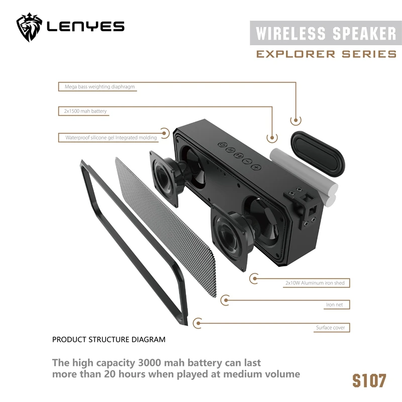 Lenyes 20 Вт беспроводные колонки IPX 7 TWS Hi Fi стерео Открытый 28 часов время музыки