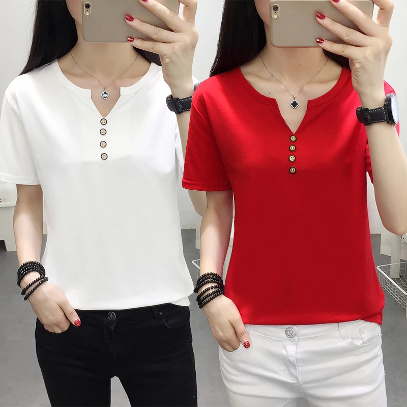 2021 Summer New Arrival Solid Color V-Neck Minimalism Casual All Matched Short Sleeves Women T-shirt | Женская одежда