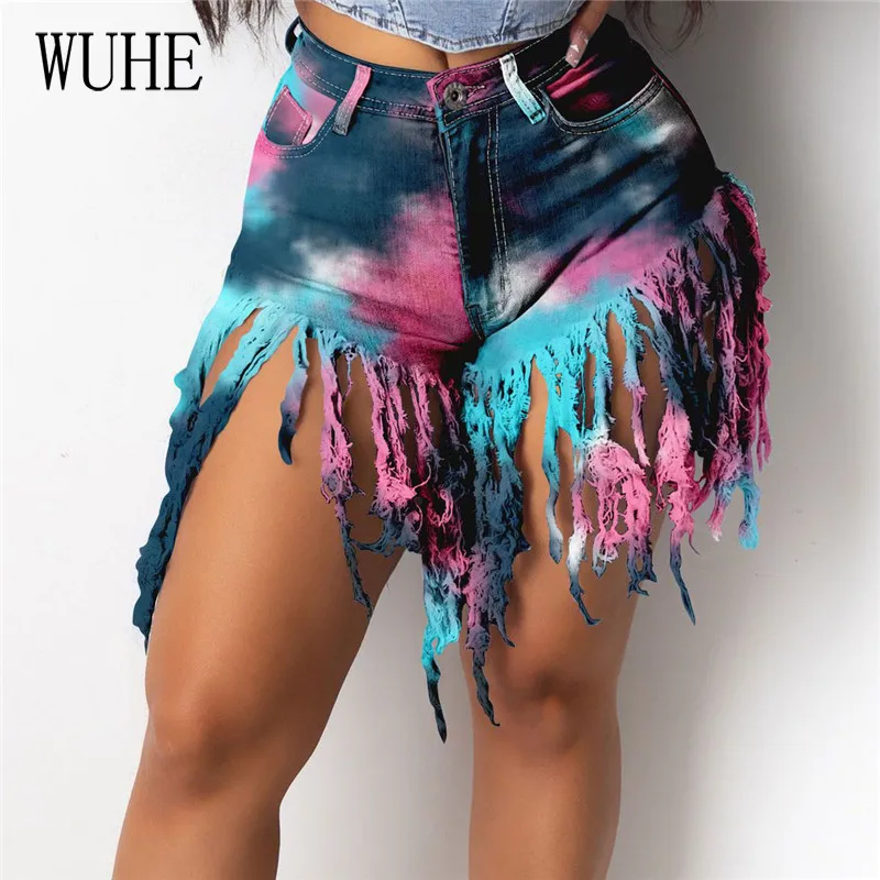 

WUHE Tie Dye Print Rainbow Denim Short Pants Patchwork Tassels Pockets Button High Wasit Biker Casual Streetwear Holiday Beach