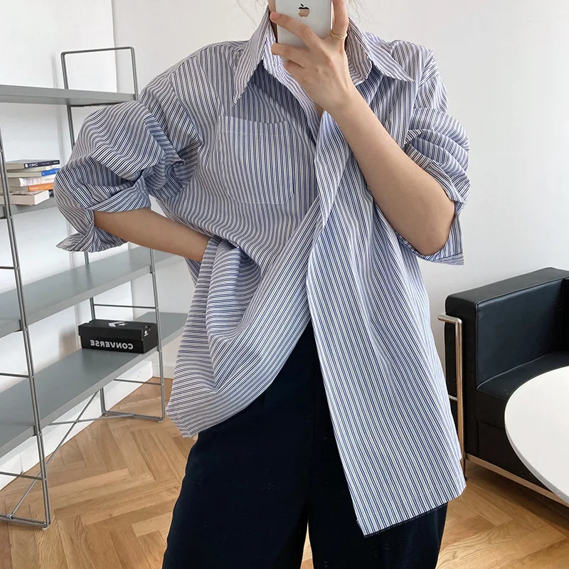 

SuperAen Autumn New Design Stripe Turn Down Collar Full Shirt 2021 New Casual One Button Womens Tops