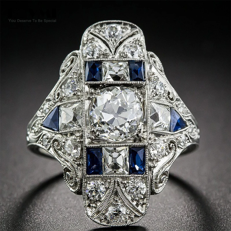 

2022 Vintage 925 Silver 3 Carats Diamond Punk Ring For Women Men Sapphire Blue Gemstone Geometric Gothic Jewelry Accessories