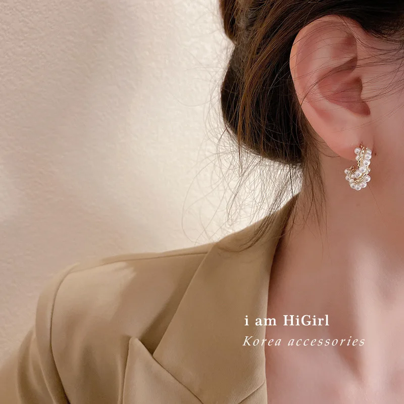 

925 Silver Needle European And American Fashion Exaggerated C-type Winding Pearl Earrings Retro Temperament Sma