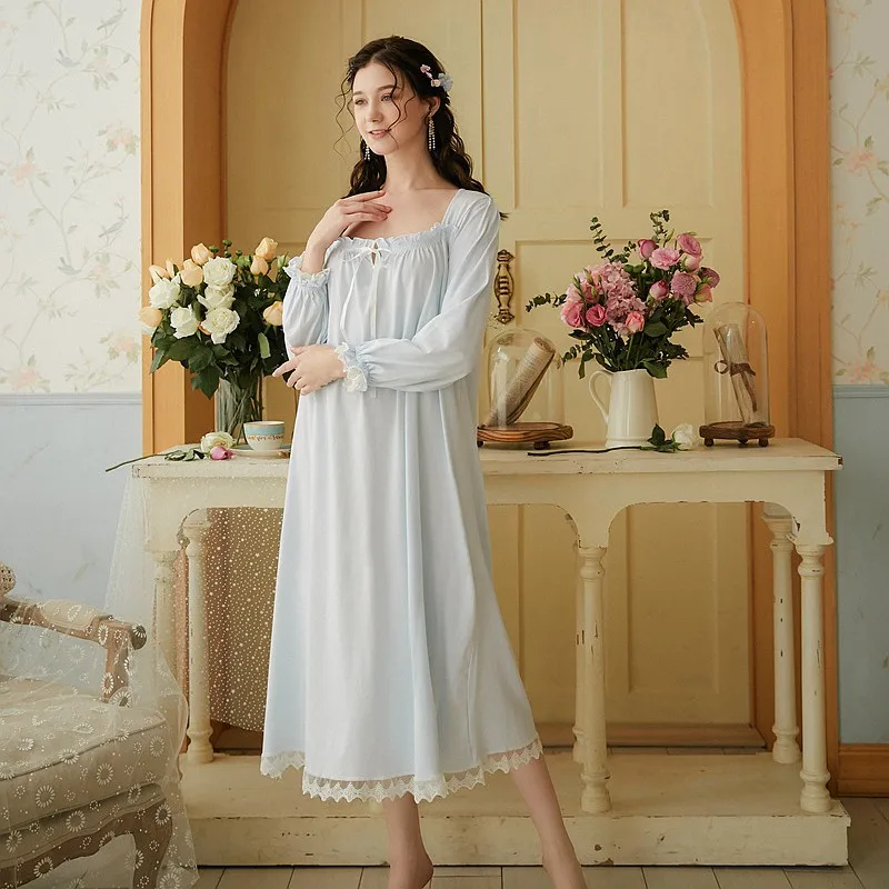 Lace Long Vintage Nightdress Autumn Ruffles Ladies Sweet Nightgowns Lolita Negligee Long Sleeve Women Sleepwear