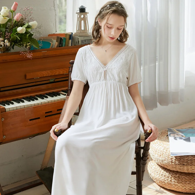 

Short sleeve nightdress women's summer cotton court style V-neck sexy open back lace long Princess pajamas