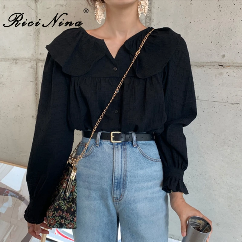 RICININA воротник Питер Пэн черная блузка для женщин длинный рукав фонарик оборки