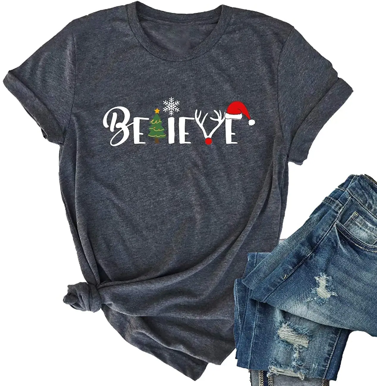 

KIDDAD Believe Christmas T-Shirt Women Graphic Short Sleeve Funny Cotton Letter Print Tee Tops Female T Shirt Christmas Gifts
