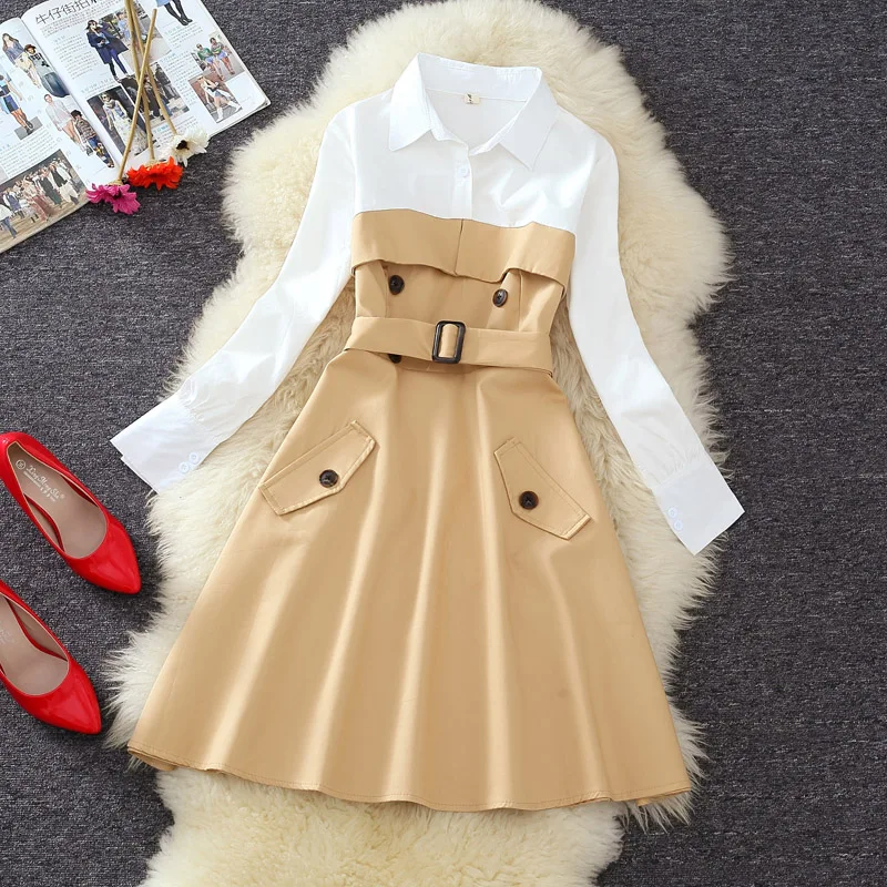 Платье женское с карманами приталенное элегантное офисное платье-рубашка поясом