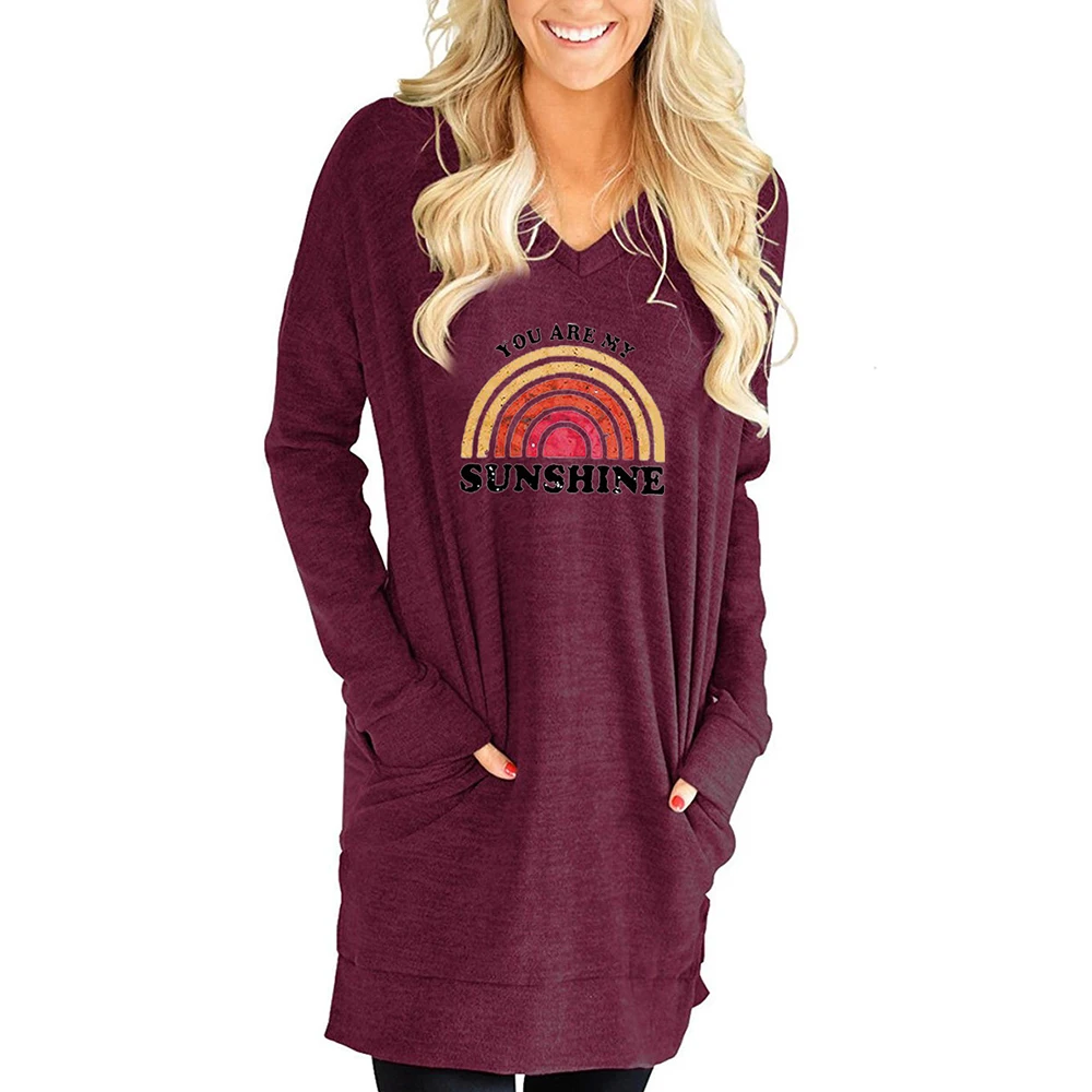 

VICABO Rainbow-Printing Womens Tshirt Full Sleeve V-Neck Pockets Long Tee Shirts Split Casual Loose Fall Shirts for Women