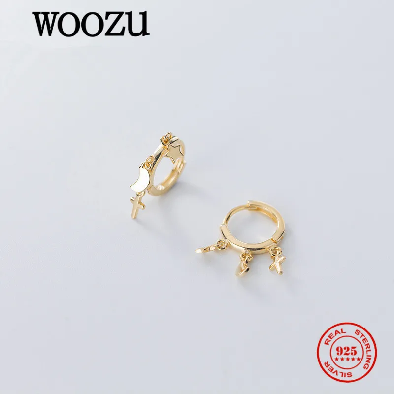 

WOOZU Real 925 Sterling Silver Simple Glossy Cute Star Moon Cross Hoop Earrings For Women Party Girl Gothic Fashion Jewelry Gift