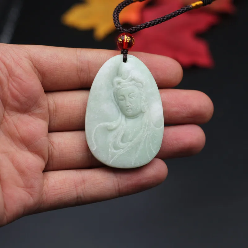 

Natural White Green Jade Guanyin Bodhisattva Pendant Necklace Chinese Hand-Carved Charm Jewelry Fashion Amulet Men Women Gifts