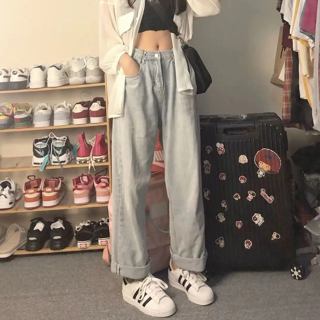 

Spring new elegant high waisted jeans women show thin straight tube loose wide leg father pants students mop pants trend