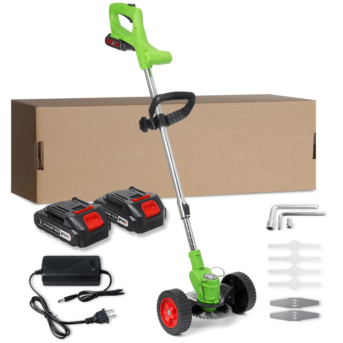 24V Electric Grass Trimmer Double Wheel Cordless Electric Lawn Mower Adjustable Length Garden Pruning Cutter Tool with 2 Battery