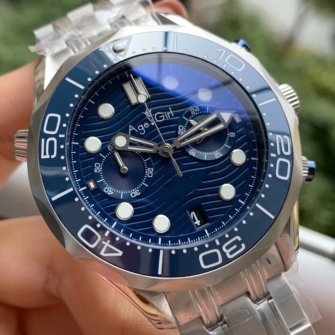 

Classic New Men Japanese Quartz Diver Silver Blue Grey James Bond 007 Blue Ceramic Bezel Sapphire Master White Watch 44MM