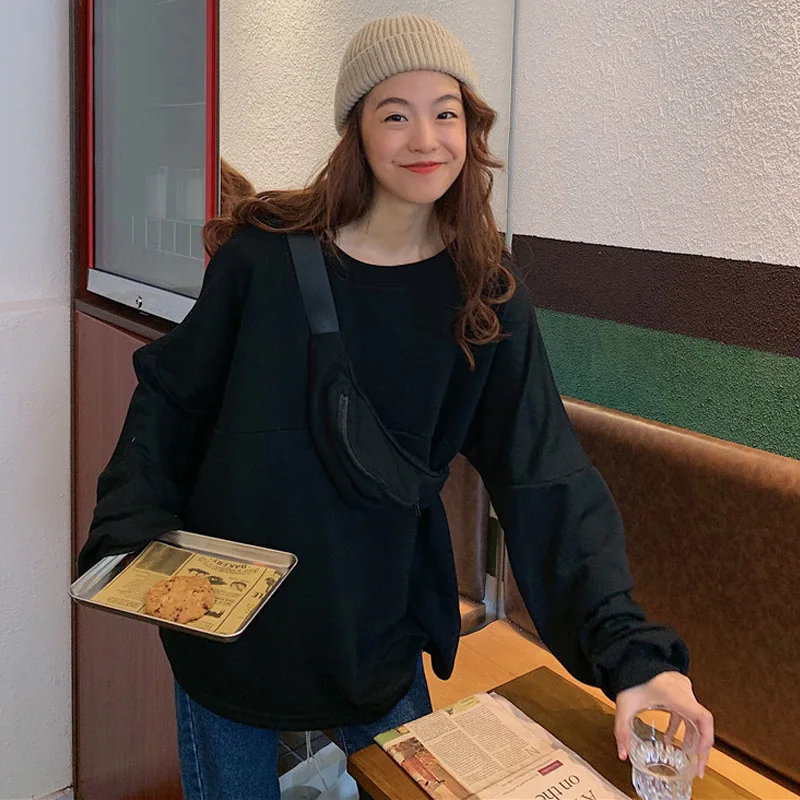 

Women Hoodie Fashion Oversized Women's Loose Harajuku Pullover Round Neck Long-sleeved Sweatshirt + Waist Bag For Women