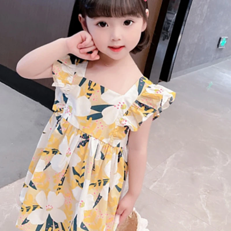 

Girl's Summer Dress With Flowers Cute Sweet Floral Print And Square Collar Knee-Length Princess Dress Children Clothing