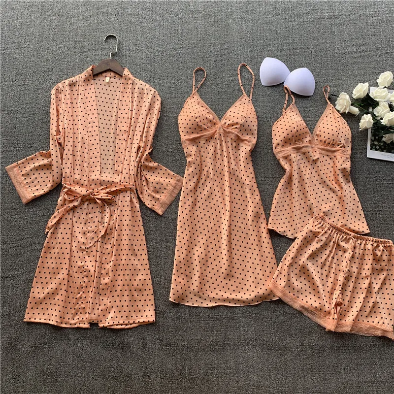 

4 Pieces Women Pajamas Sets Satin Sleepwear Silk Nightwear Pyjama Lace Bathrobe Sleep Lounge 2020 Summer Pijama Robe