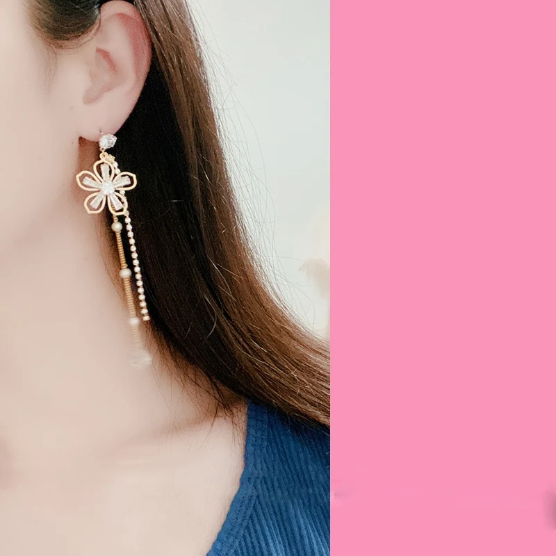 

MENGJIQIAO Fashion Korean Delicate Zircon Flower Long Tassel Drop Earrings For Women Girls Elegant Pearl Pendientes Jewelry