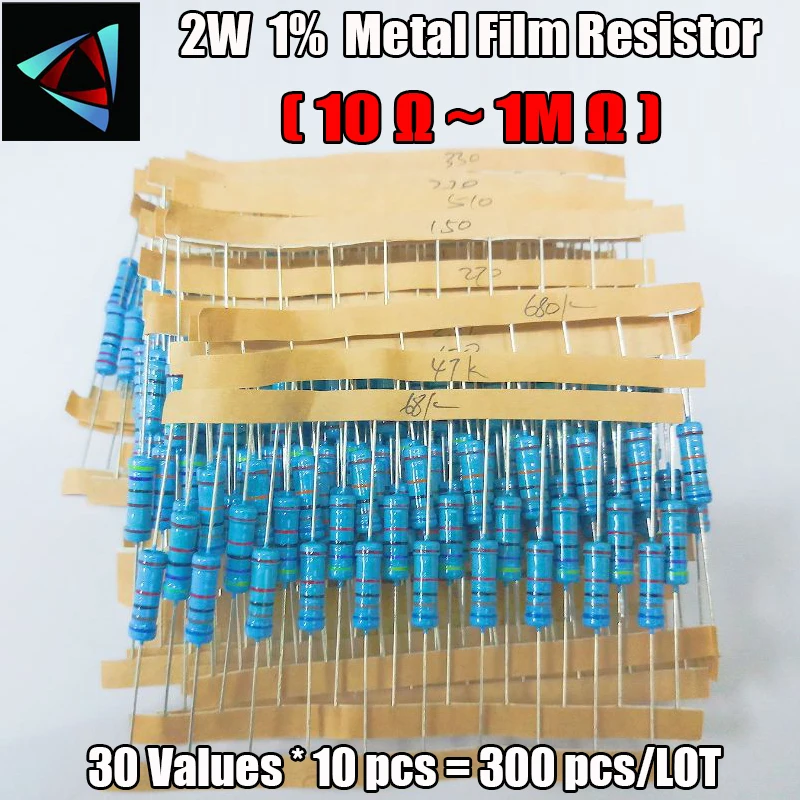 

300PCS/LOT 2W Metal Film Resistor Kit 1% Resistor Assorted Kit Set 10 ohm-1M ohm Resistance Pack 30 Values Each 10 pcs