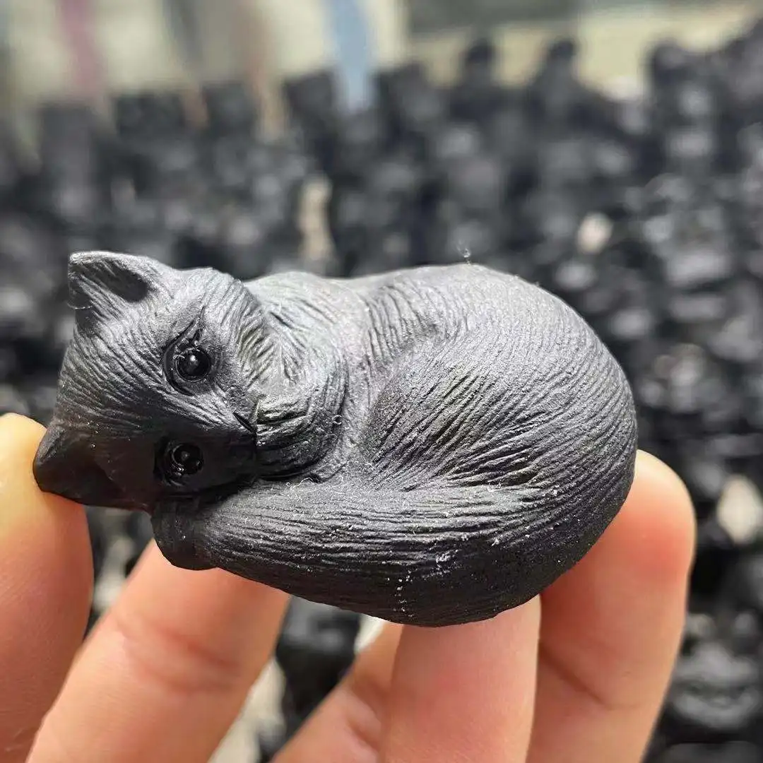 

Hand carved obsidian sleeping cat crystal healing craft jewelry