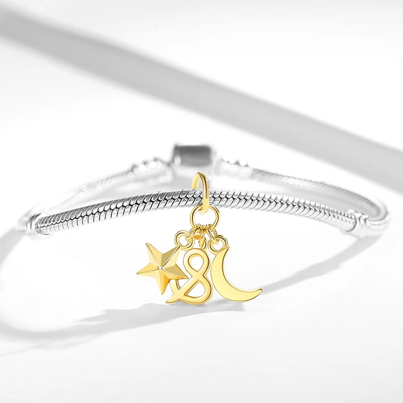 Luxury 925 Sterling Silver Sparkling Beads Sky Moon &amp Star Gold Color Charm fit Charms Bracelet DIY Gift | Украшения и