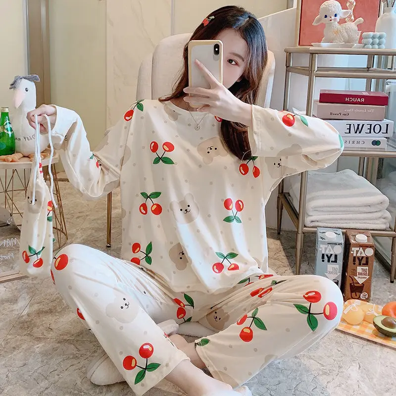 Pajamas for Women's Autumn and Winter New Long-sleeved Trousers Two-piece Korean Cartoon Cute Home Service Can Be Worn Outside