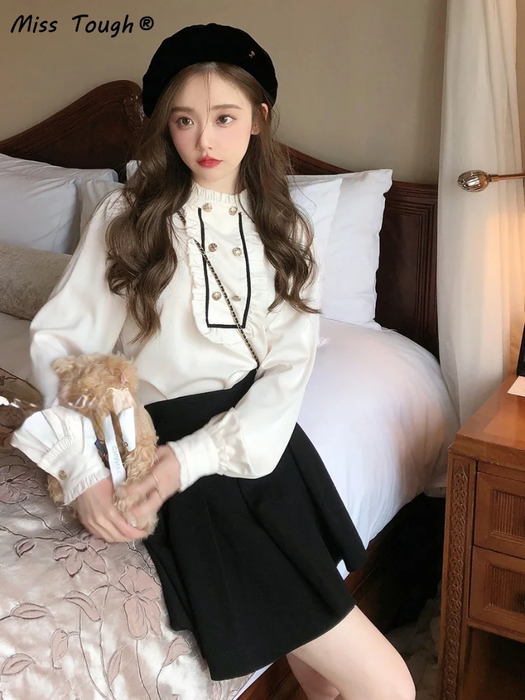 Белая милая блузка в стиле пэчворк рубашка Женский винтажный милый топ японском