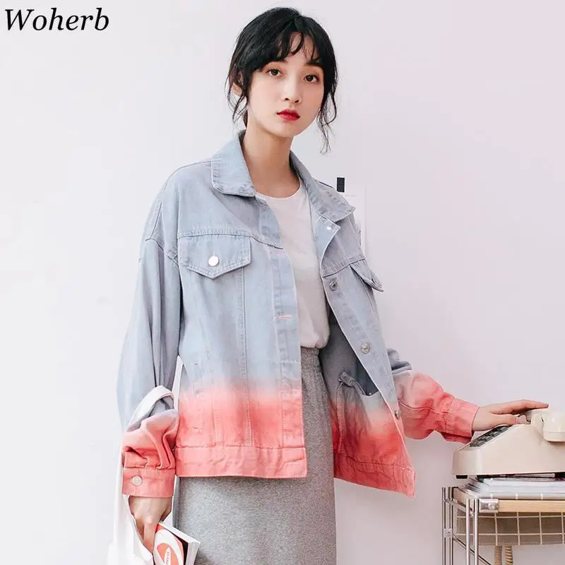 Woherb женская джинсовая куртка 2020 Harajuku градиентный цвет осень зима пальто