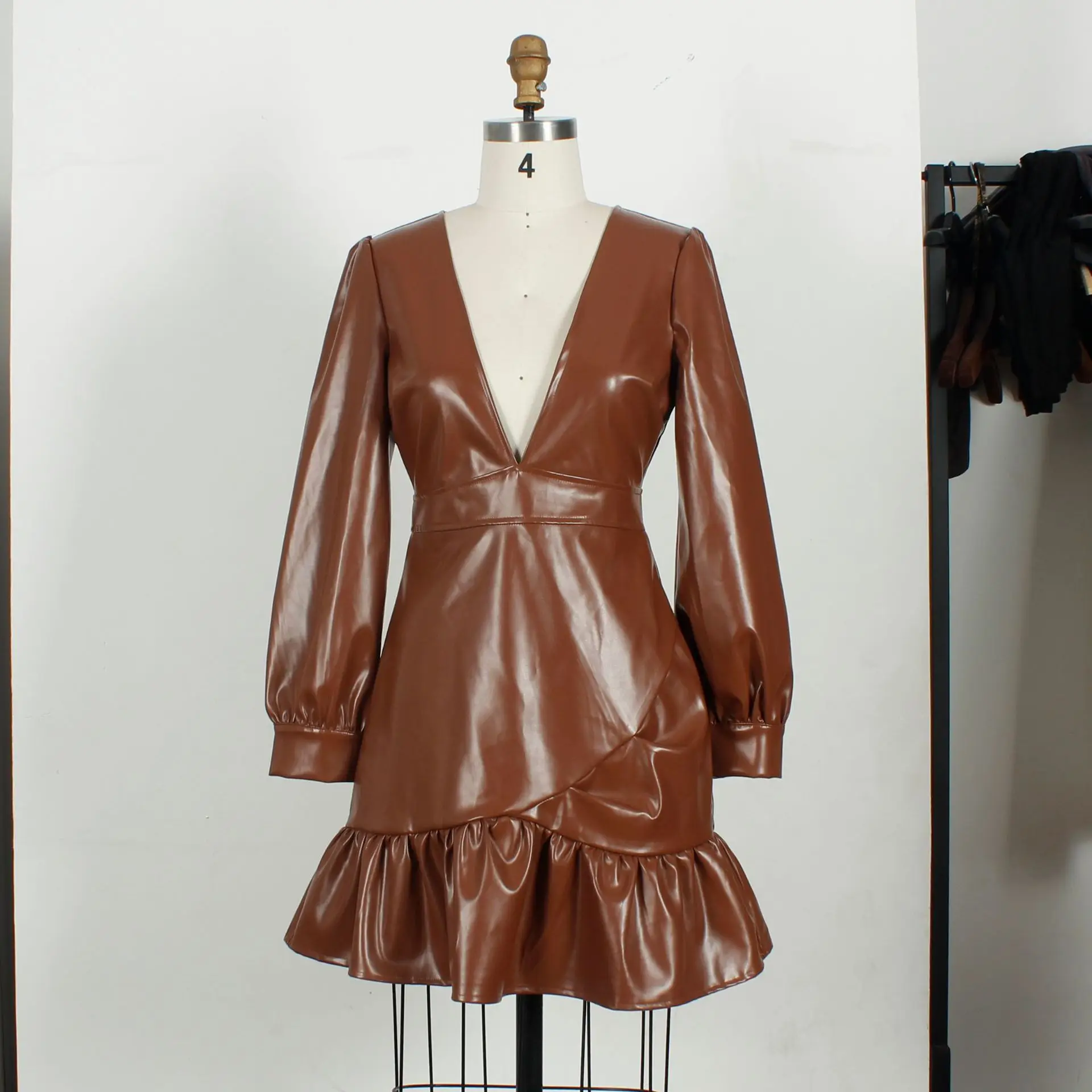 

Hot Style Women Solid Deep V-neck Mini PU Dress 2021 Spring Lady's Sexy Deep V-Neck Long Sleeve Ruffles Bodycon Party Dresses