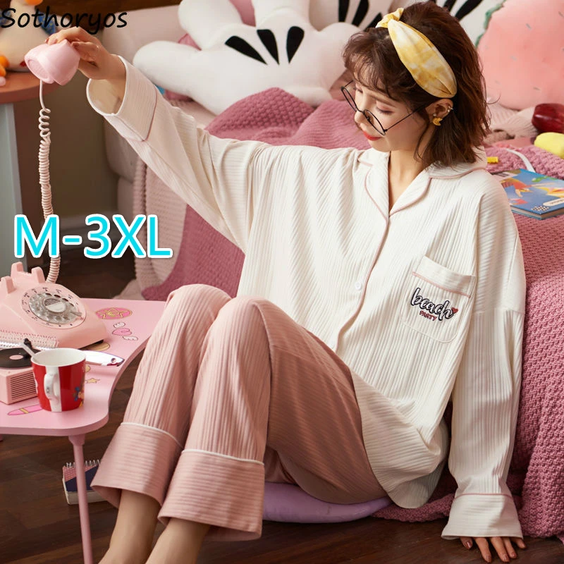 

Women Pajama Sets Oversized 3XL Student Korean Style Sweet Casual Sleepwear Letter Printed Kawaii Lounge Wear Lovely Cotton Fall