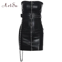 artsu gothic women black leather zipper mini dress off soulder strapless bodycon femme club party dresses chain belt asdr70298