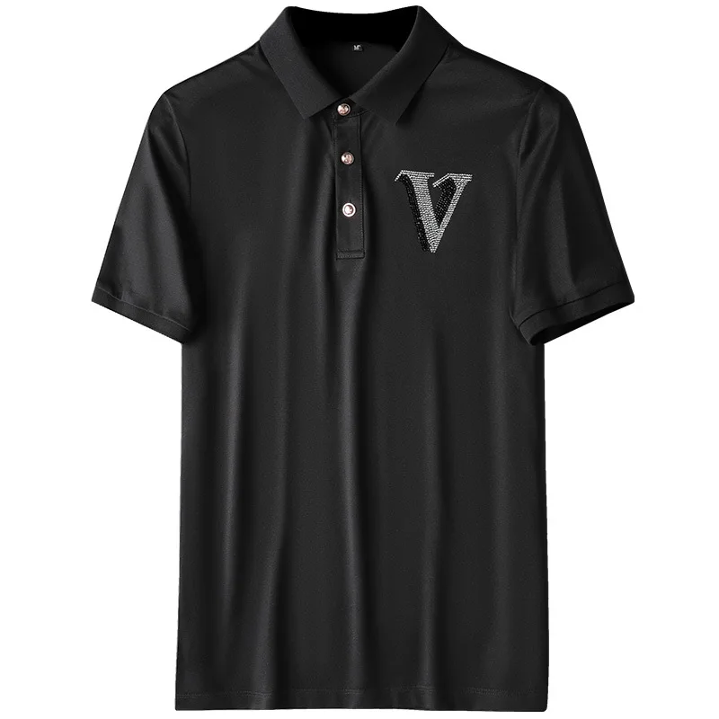 

Letter 2021 New Designer Rhinestones Mens Polo Shirts Fashion Style Short Sleeve High Quality Straight Cotton Polos Para Hombre