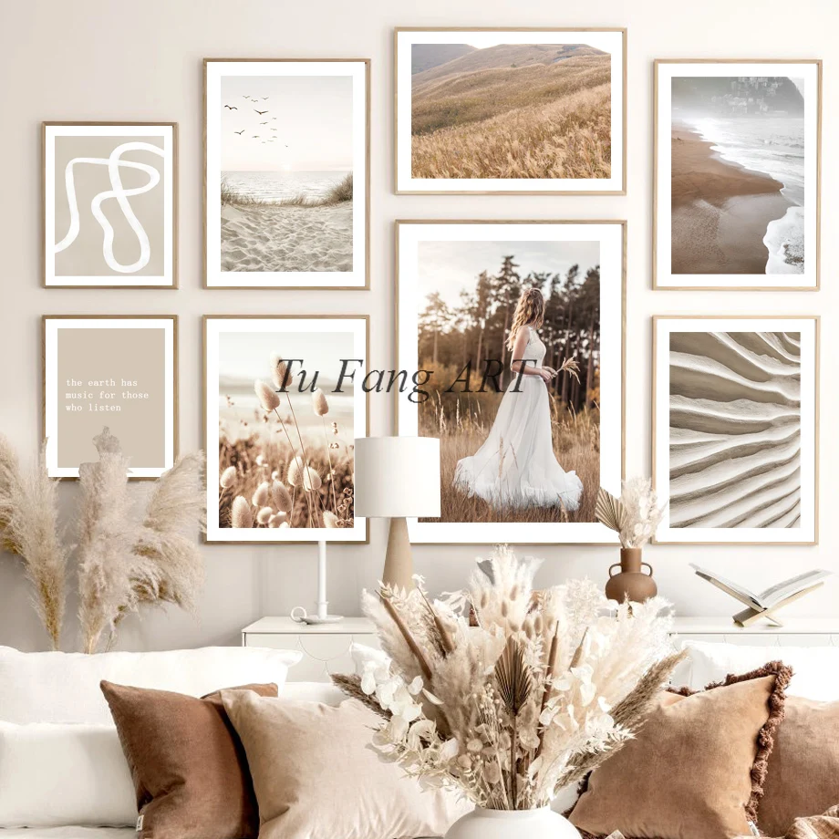 Картина на холсте мягкая пляжная трава песок изгиб восход солнца женщина