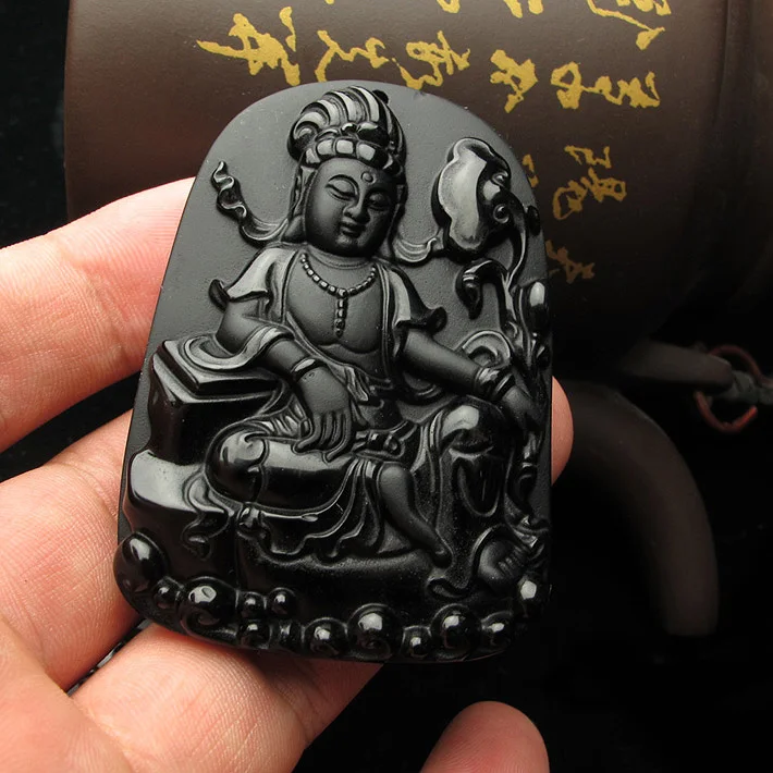 Ожерелье из бусин натурального черного обсидиана ручная работа подвеска