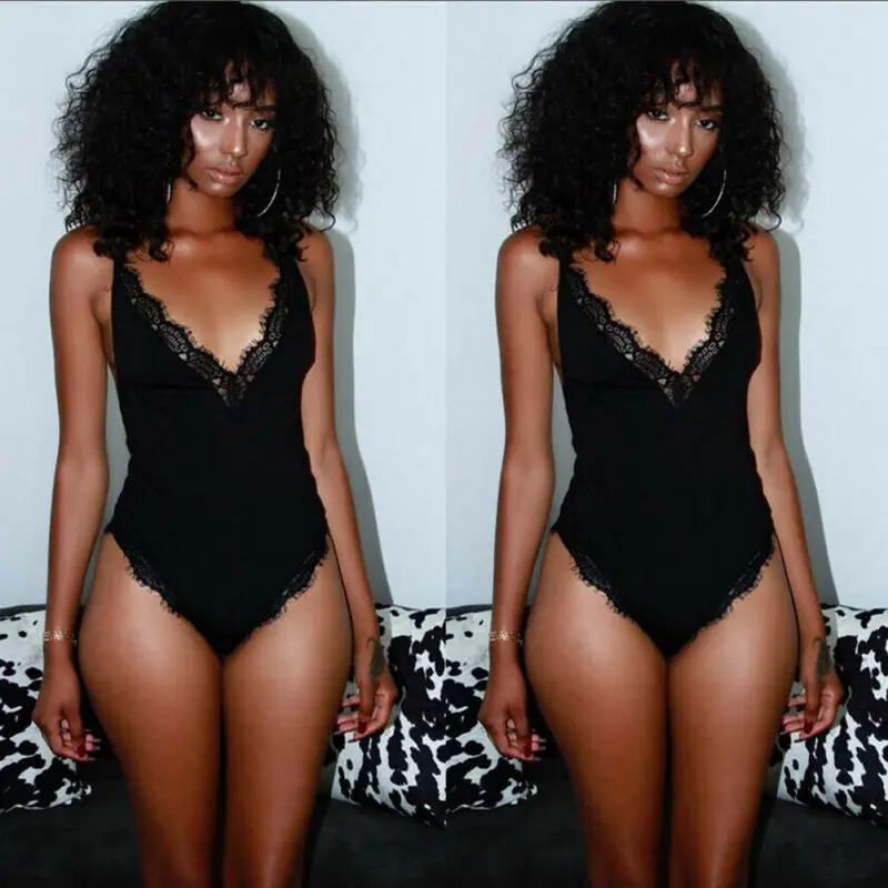 Сексуальное Женское боди черный женский кружевной Облегающий комбинезон без