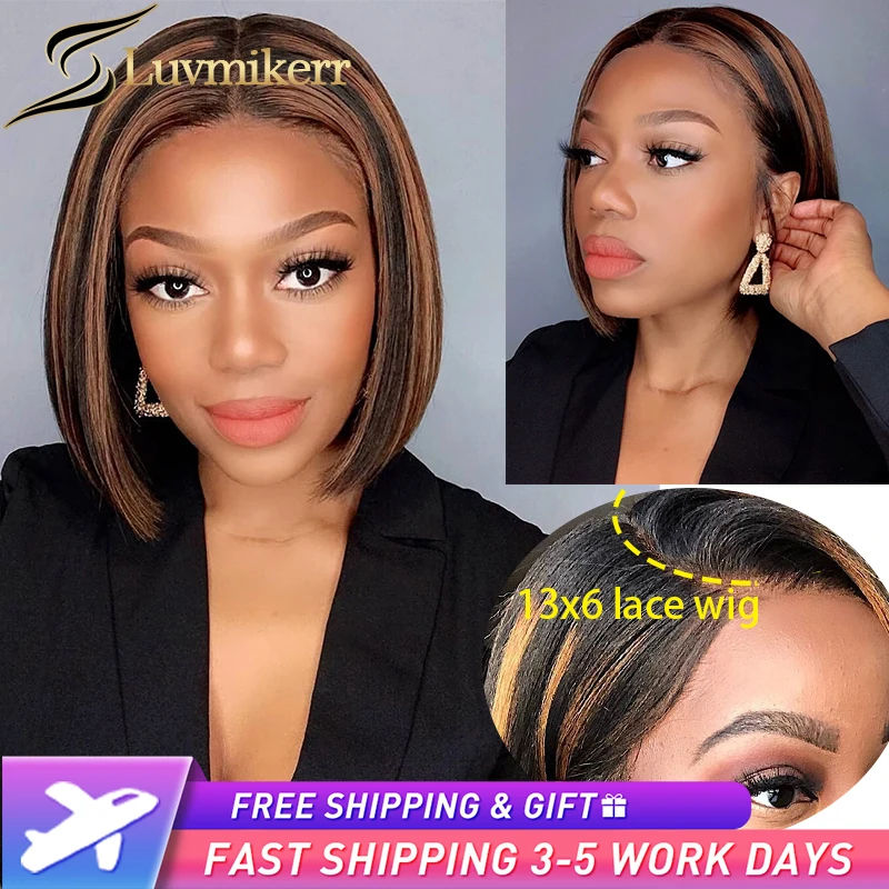13X6 Hd Transpare Lace Frontal Straight Short Bob Wig Ombre Highlight Honey Blonde Human Hair Women Front Bleached knots Wigs