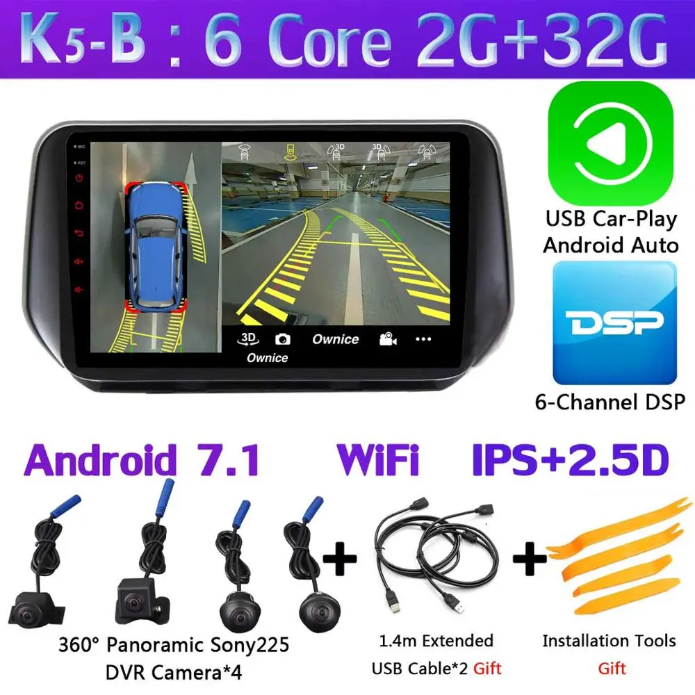 K5-B-CarPlay 1 din 360 ° камера Android 9,0 4+ 64G gps радио CarPlay DSP SPDIF Автомобильный мультимедийный плеер для hyundai Santa FE SantaFE XL - Цвет: K5-B-CarPlay