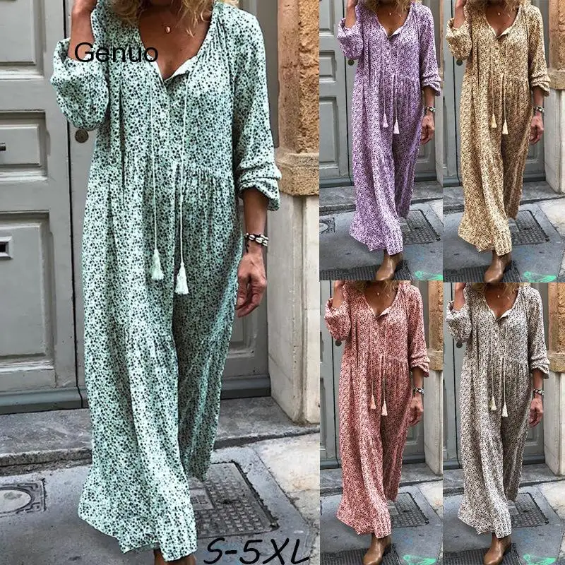 

Women Fashion V Neck Bohemian V Neck Floral Print Tassel Drawstring Long Sleeve Dress New Chic Vintage