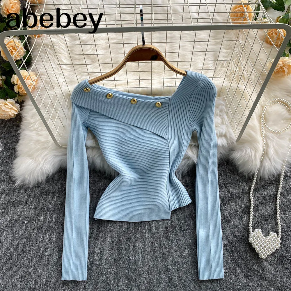 

Дизайнерский вязаный свитер, модные женские корейские облегающие Короткие топы с длинным рукавом, уличная одежда, Необычные Пуловеры на ос...