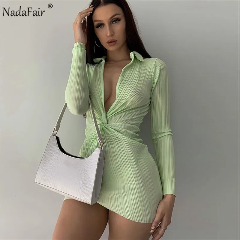 

Nadafair Twist Green Mini Dress Sexy Low Cut Long Sleeve Women Summer Clothes 2021 Wrap Bodycon Shirt Dress