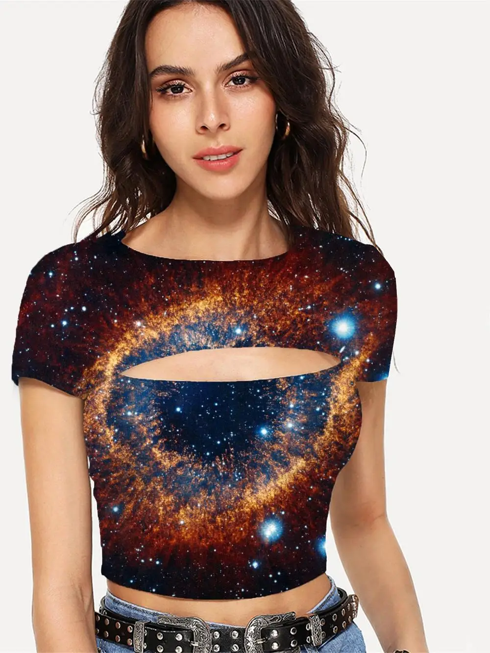

Somepet Galaxy T-shirt Women Nebula Navel Bare Space Tshirt Printed Universe Shirt Print Short Sleeve Punk Rock New Style O-Neck
