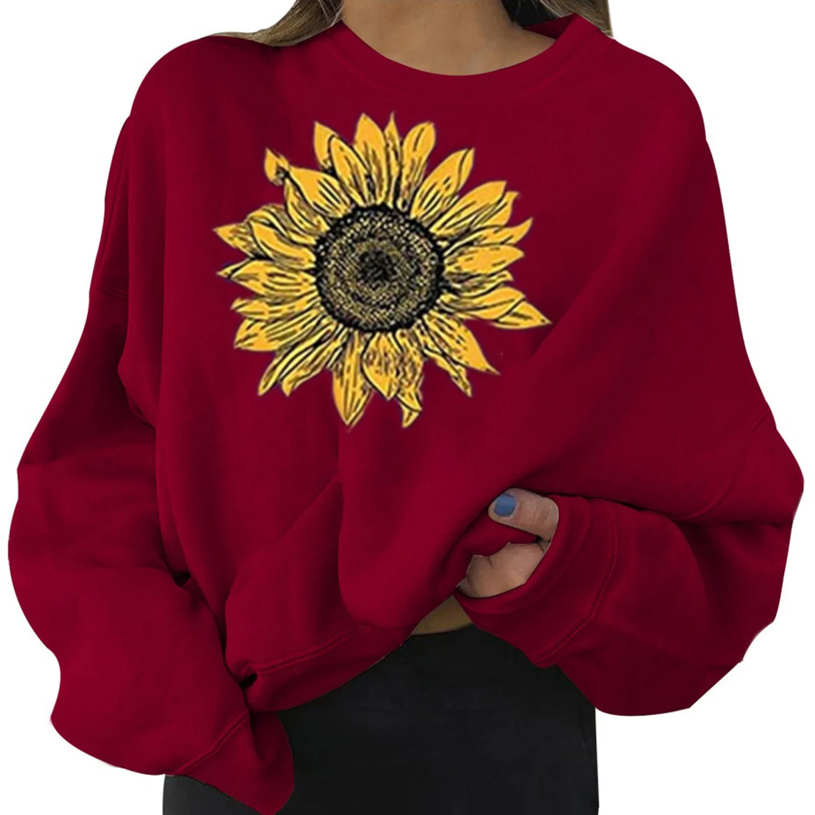 

Новинка, Женский пуловер с принтом подсолнуха, топы, повседневные свободные свитеры с длинным рукавом и круглым вырезом
