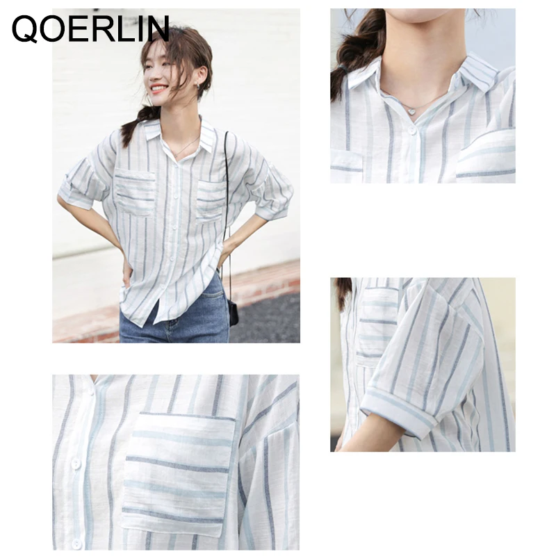 

QOERLIN Blue Striped Blouse Women Summer Short Sleeve Loose Casual Button Up Tops Shirts Female Plus Size Workwear Shirts S-XL