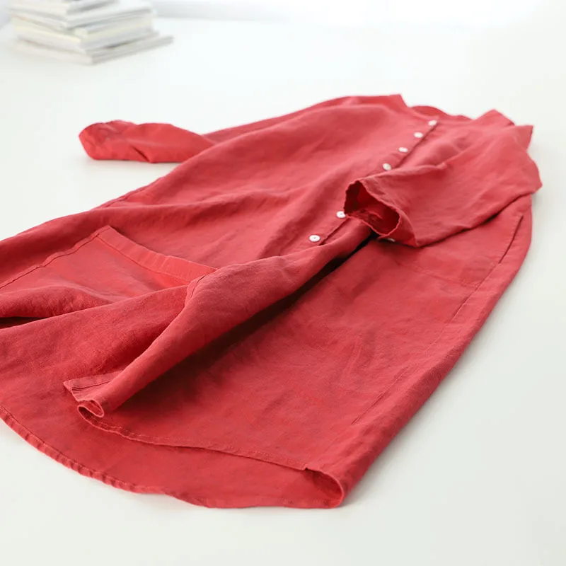 Льняная рубашка с длинным рукавом и стоячим воротником, удлиненная юбка, костюм-платье h190615